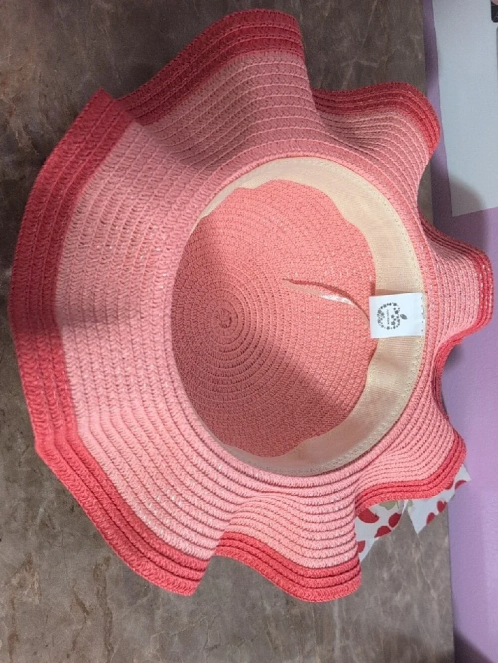 Girls' Pink Straw Sun Hat with Cherry-Print Bow